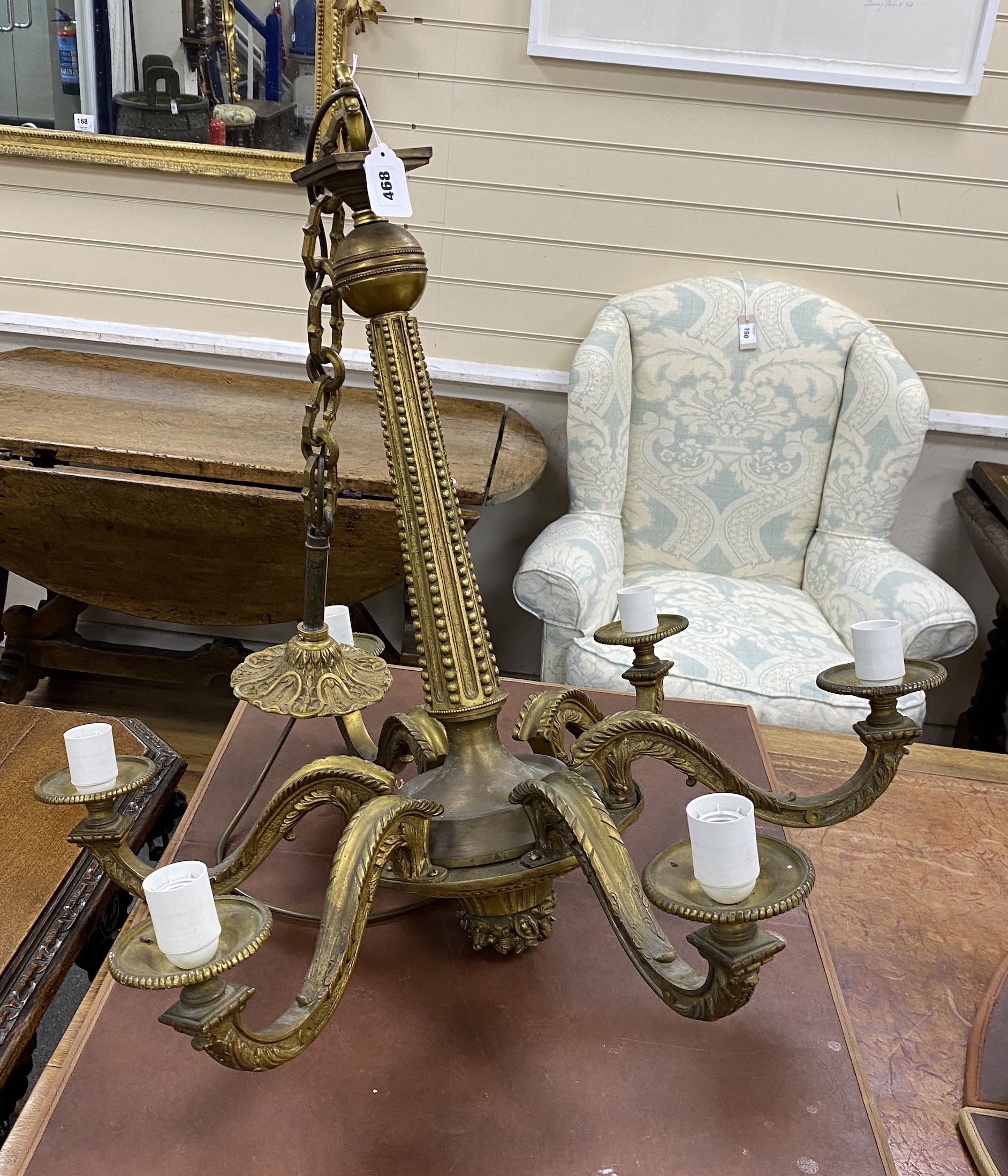 A French ormolu six branch ceiling light, 67cm high